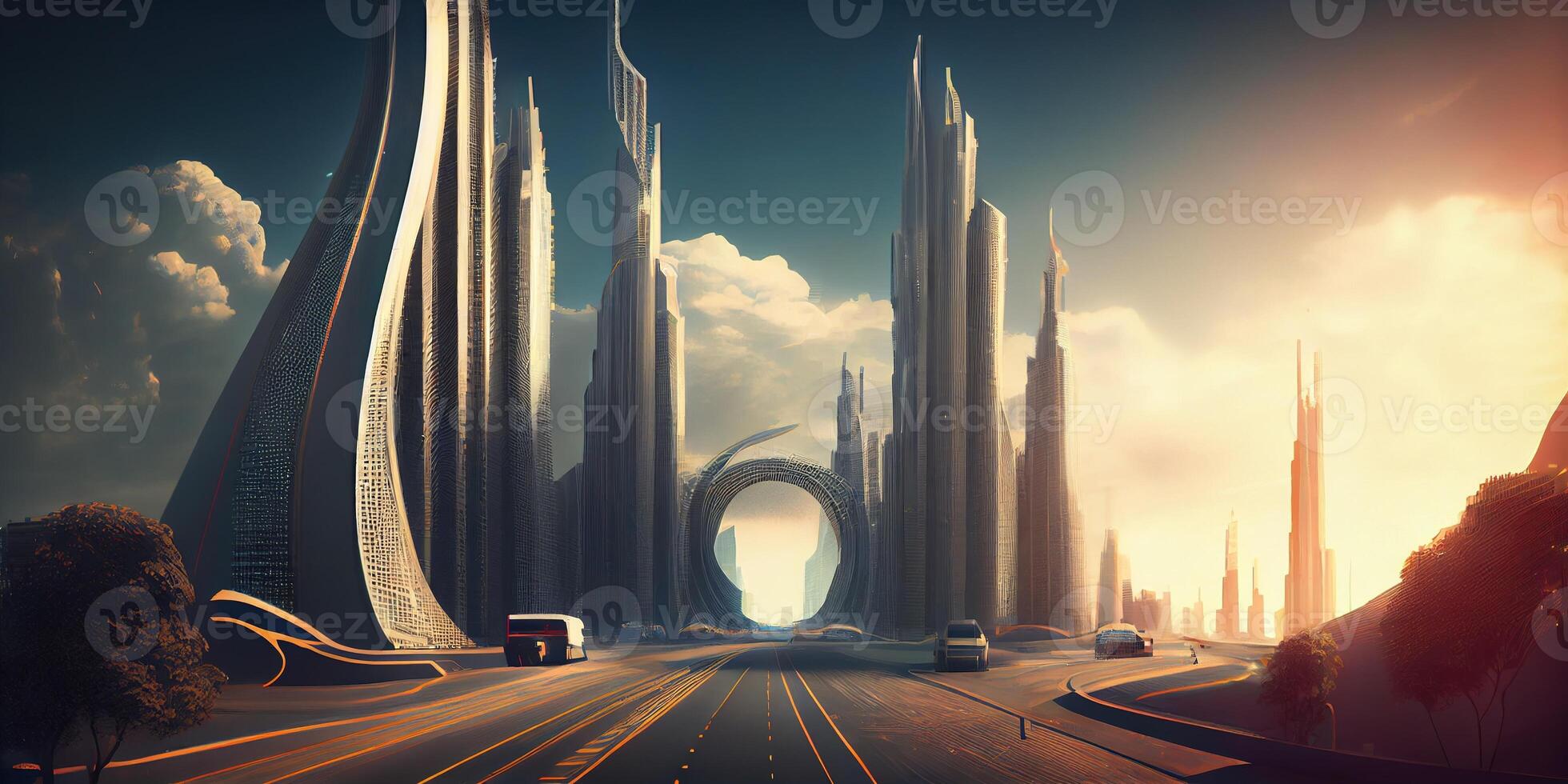 generativo ai illustrazione di fantasia futuristico città con autostrade e grattacieli, informatica città foto