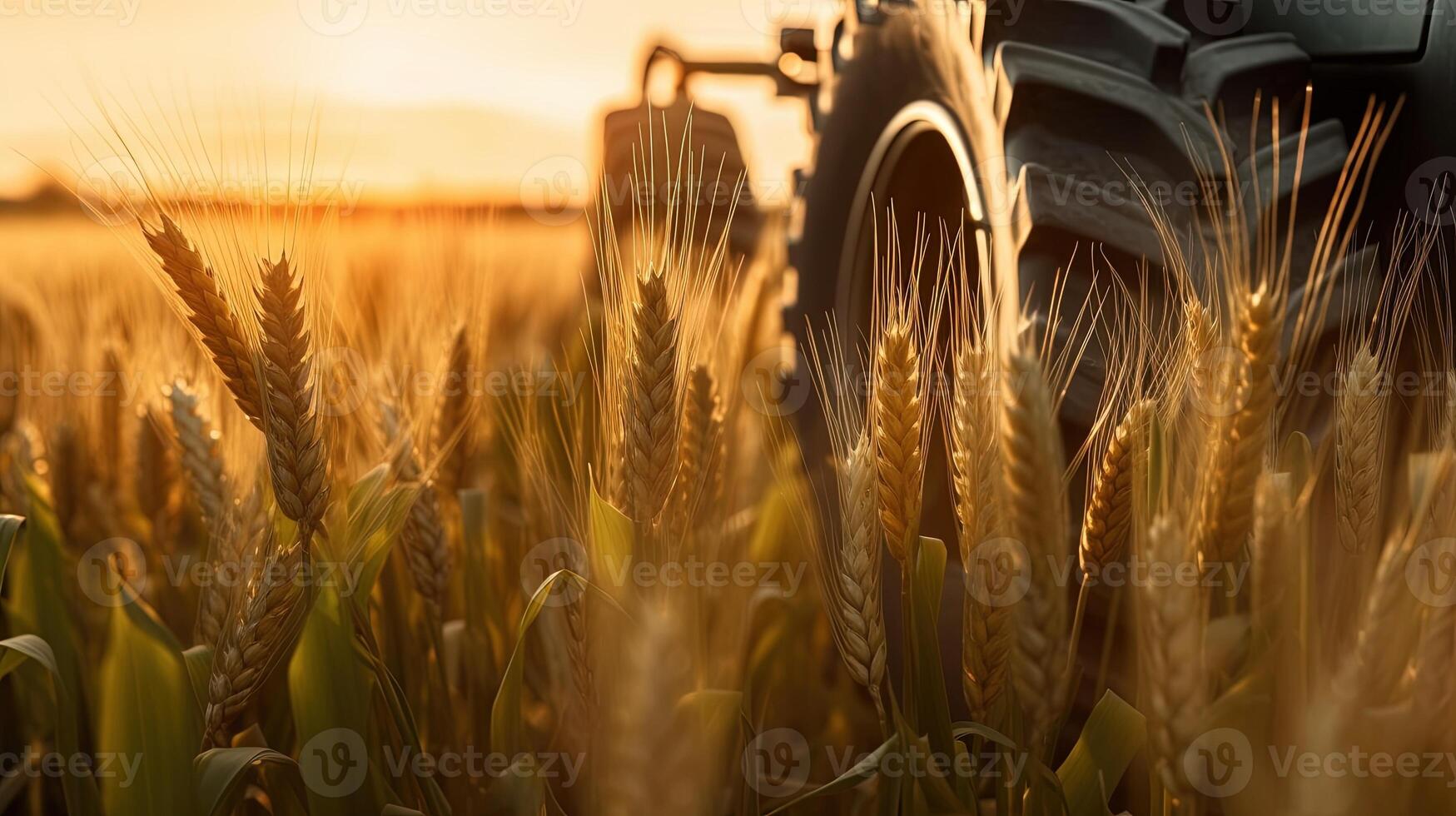 generativo ai, avvicinamento moderno combinare mietitore su un' Grano campo, azienda agricola paesaggio, agricolo bellissimo campagna. natura illustrazione, fotorealistico orizzontale striscione. foto