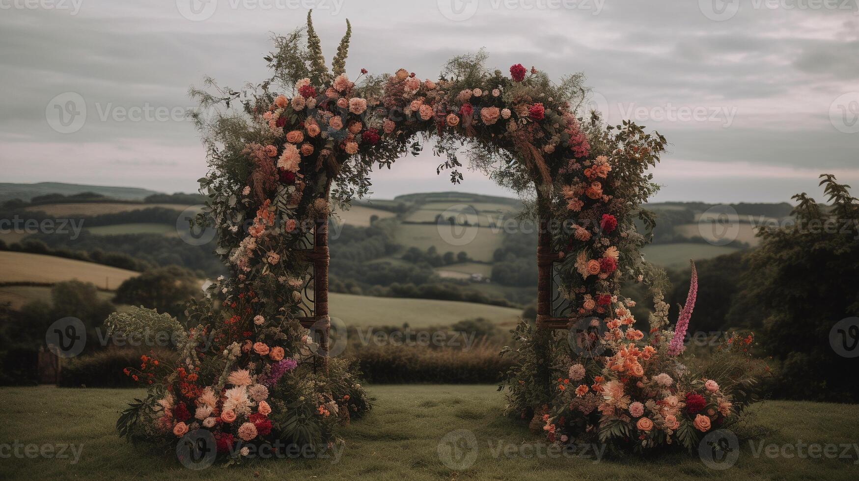 generativo ai, nozze cerimonia boho rustico stile arco con fiori e impianti, fiore mazzi di fiori. foto