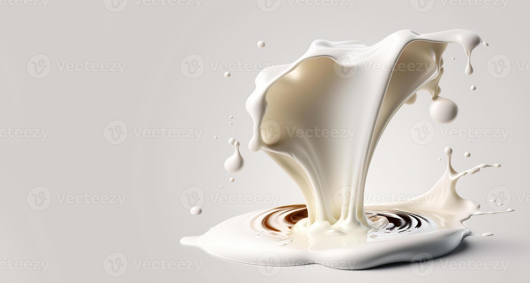 generativo ai, fluente liquido con spruzzi nel bianca colore. lucido crema latte fluido striscione, 3d effetto, moderno macro fotorealistico astratto sfondo illustrazione. foto