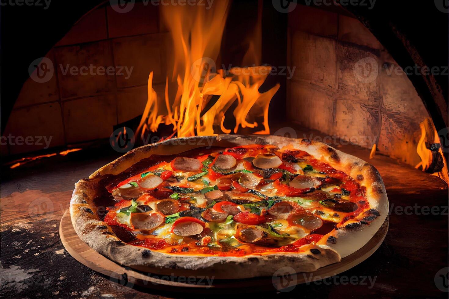 generativo ai illustrazione di italiano Pizza è cucinato nel un' a legna forno. foto