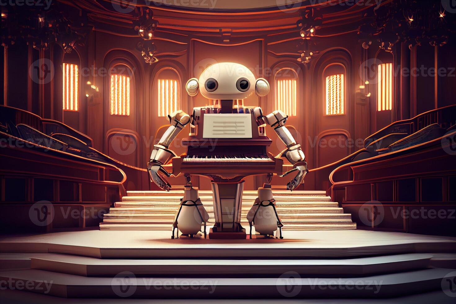 generativo ai illustrazione di robot giocando il pianoforte nel un' mille dollari concerto sala foto