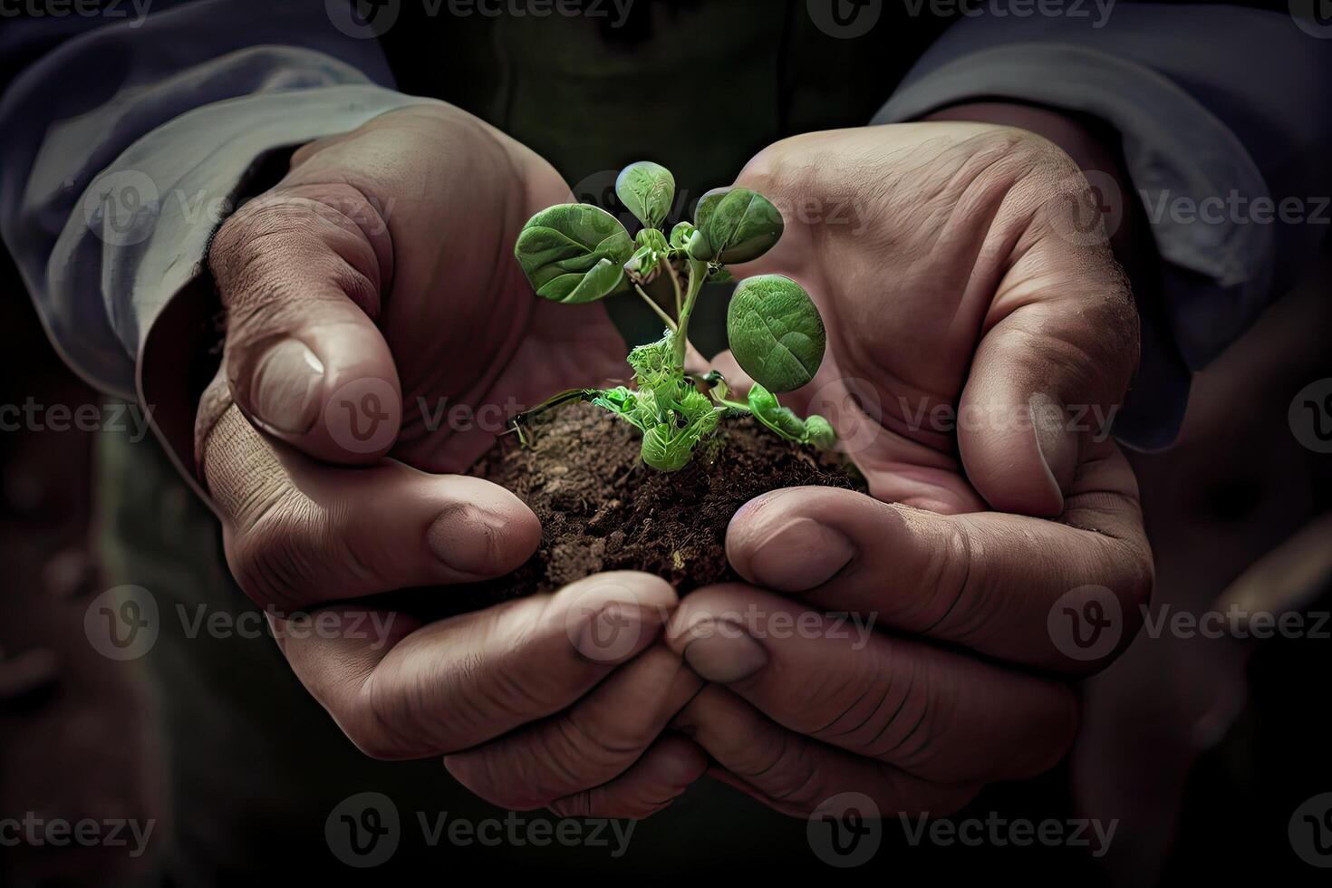 generativo ai illustrazione di giardiniere Tenere un' germoglio di un' giovane verdura prima piantare esso nel salutare suolo foto