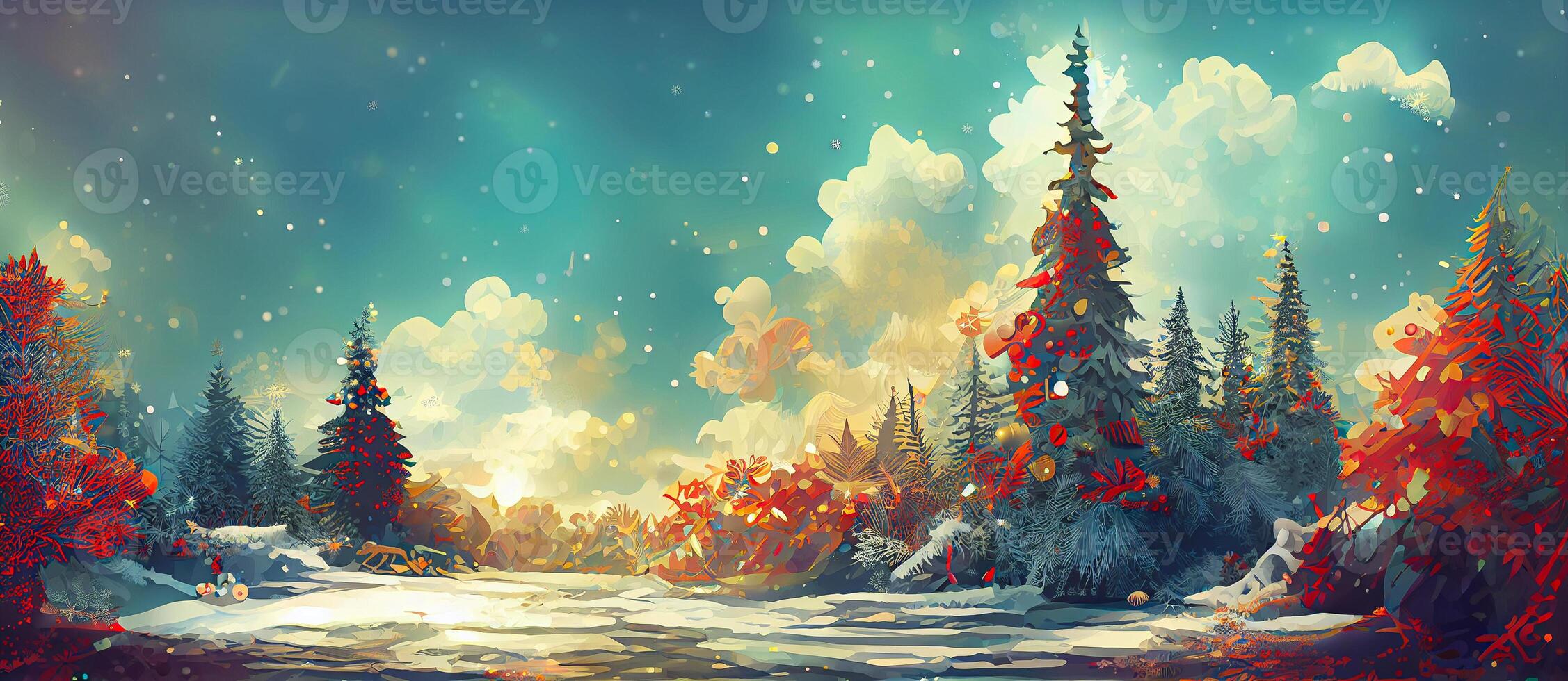 generativo ai illustrazione di Natale decorato verde abete rosso alberi nel inverno foresta, astratto fantasia festivo Natale albero, inverno astratto paesaggio. luce del sole nel il inverno foresta. digitale arte. foto