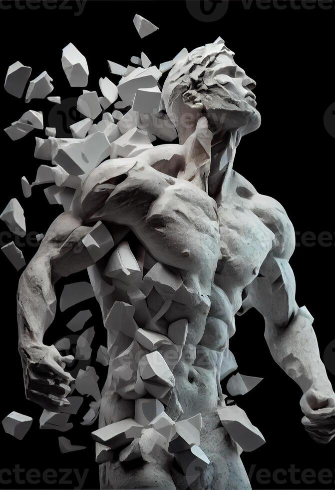 generativo ai illustrazione di realistico pietra uomo scultura rotto e pezzi nel nero sfondo. motivazione e superando te stesso concetto foto