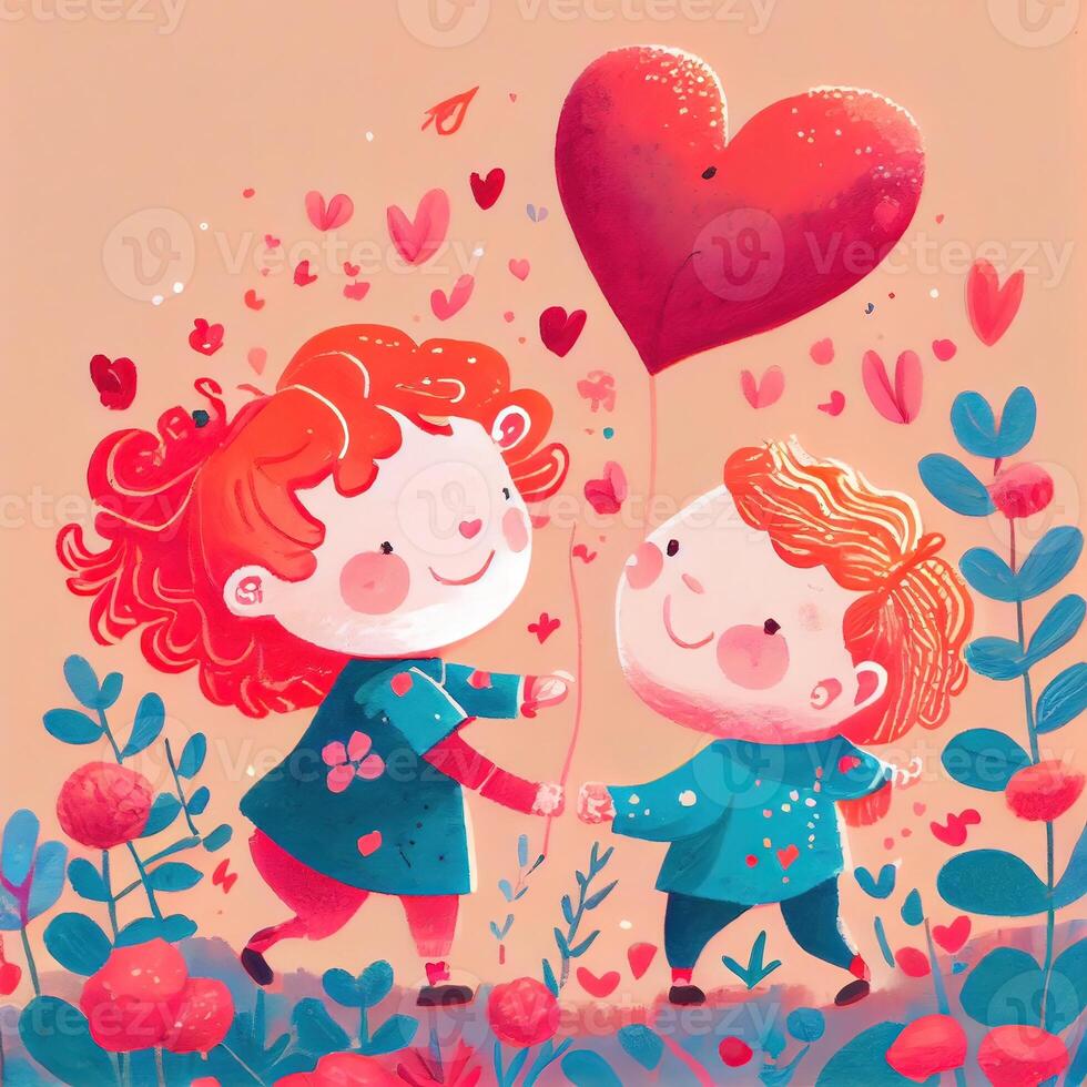 generativo ai illustrazione di un adorabile e accattivante cartone animato personaggio per San Valentino giorno, amore, cuori, fiori, romanza, felice, allegro, gioioso, divertimento, giocoso, spensierato, dolce foto