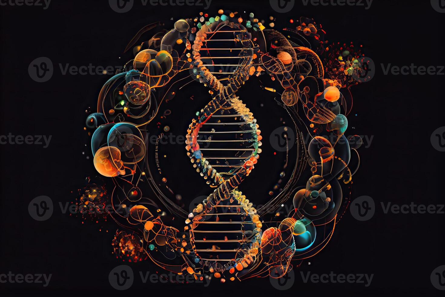 generativo ai illustrazione di dna molecola composizione. Doppio elica di dna. umano genoma cellula genetico biotecnologia studia. genetico ingegneria ricerca e analisi nel scienza laboratori foto