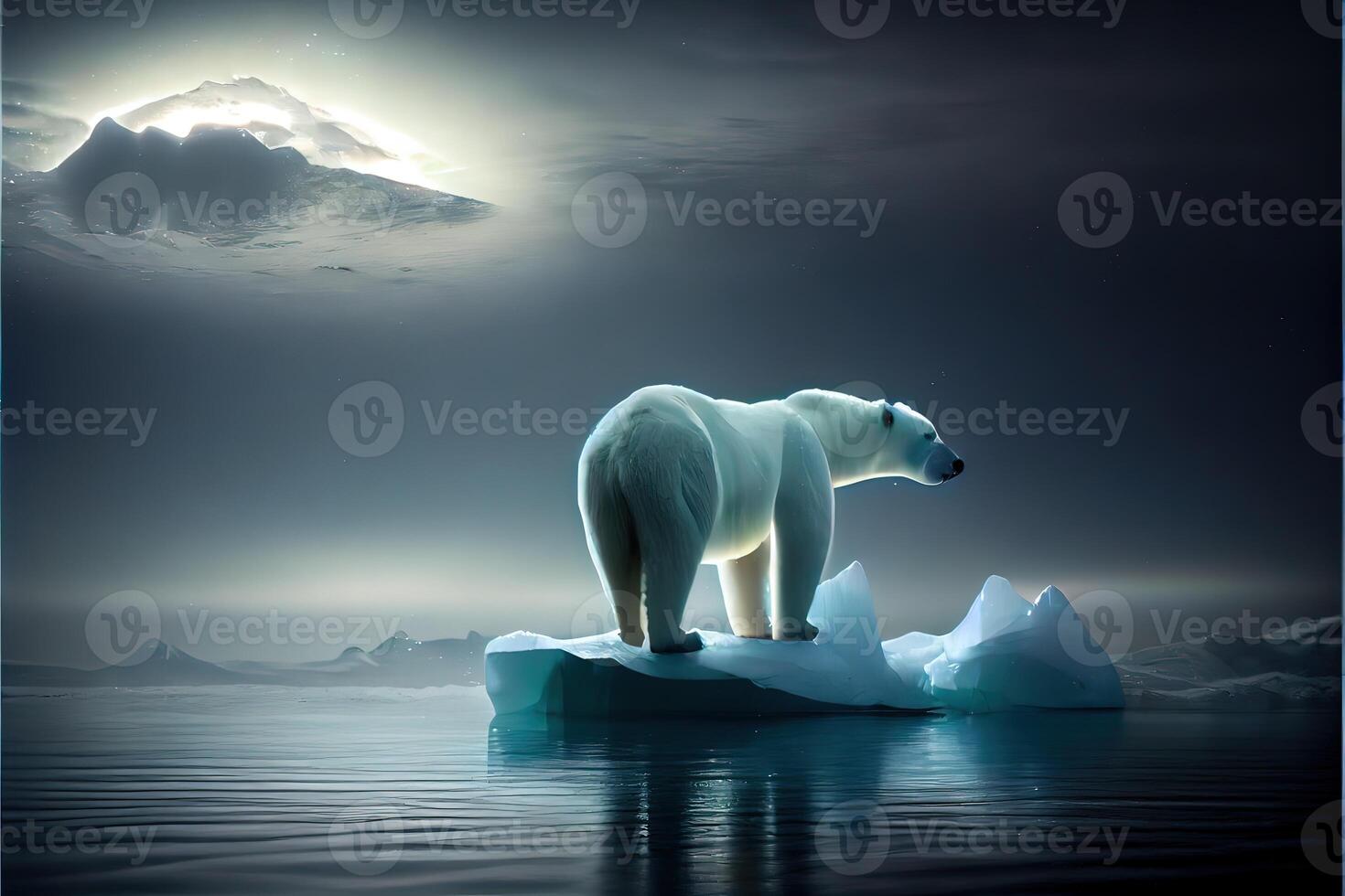 generativo ai illustrazione di solitario bianca orso su iceberg, aurora cielo foto