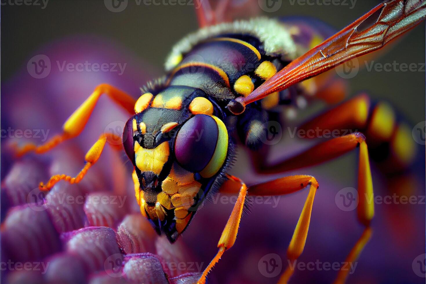 generativo ai illustrazione di super macro ritratto di un' vespa su un' nero sfondo. pieno volto macro fotografia. grande profondità di campo e un' lotto di dettagli di il insetto. foto