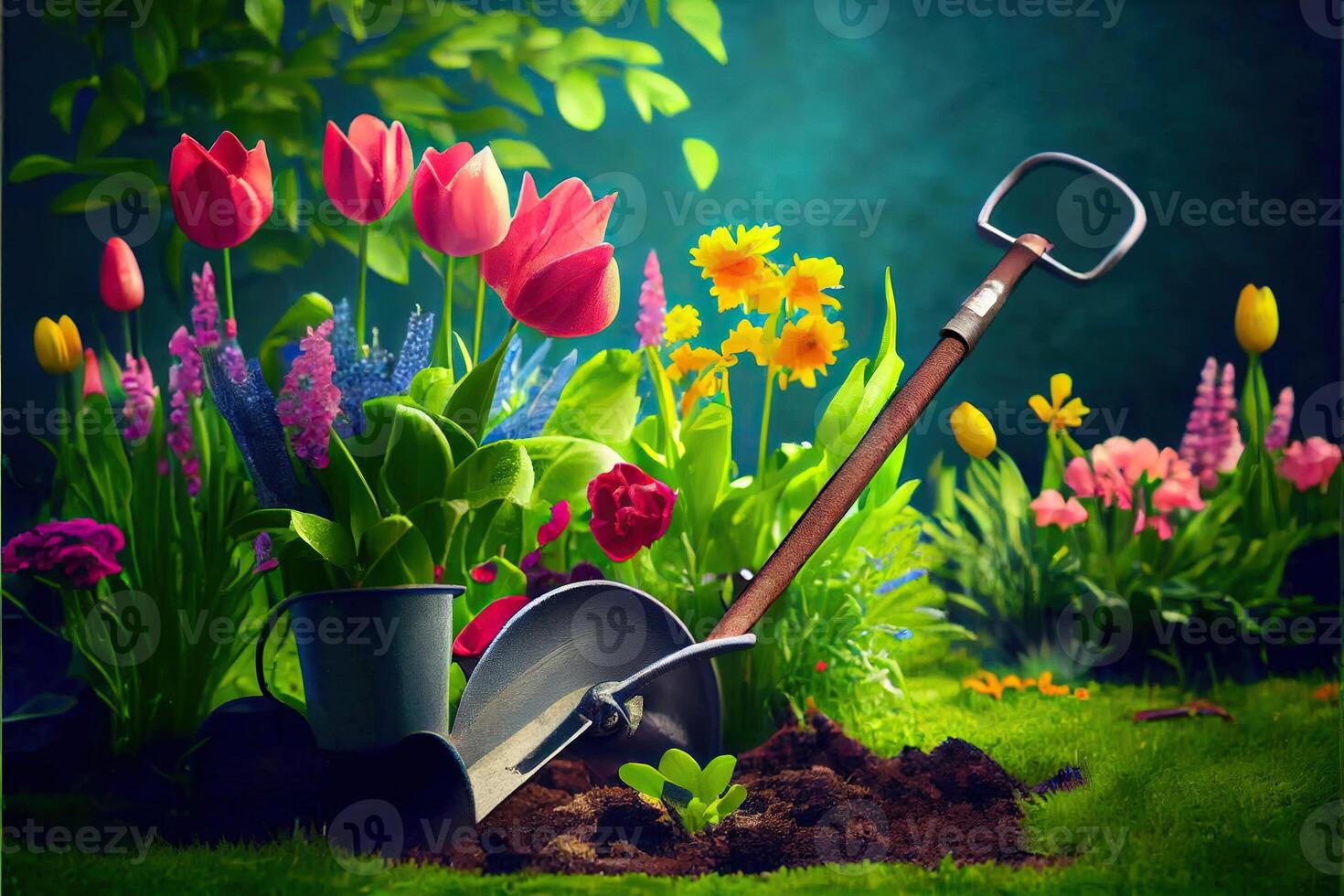 generativo ai illustrazione di primavera giardino cura. fiori nel il giardino. giardino Strumenti. all'aperto giardinaggio utensili su erba nel primavera giardino foto