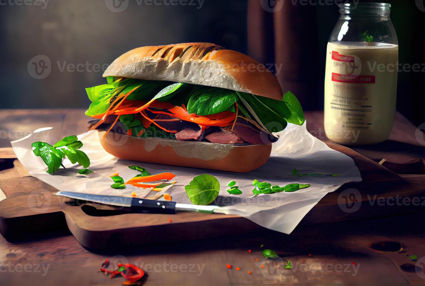 generativo ai illustrazione di banh mi Vietnam pane, cibo, studio, asiatico, vietnamita Sandwich , vietnamita cibo, copia spazio foto