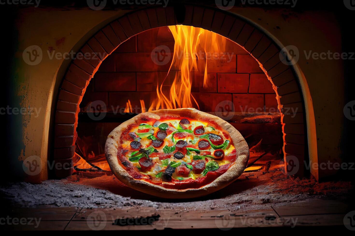 generativo ai illustrazione di italiano Pizza è cucinato nel un' a legna forno. foto