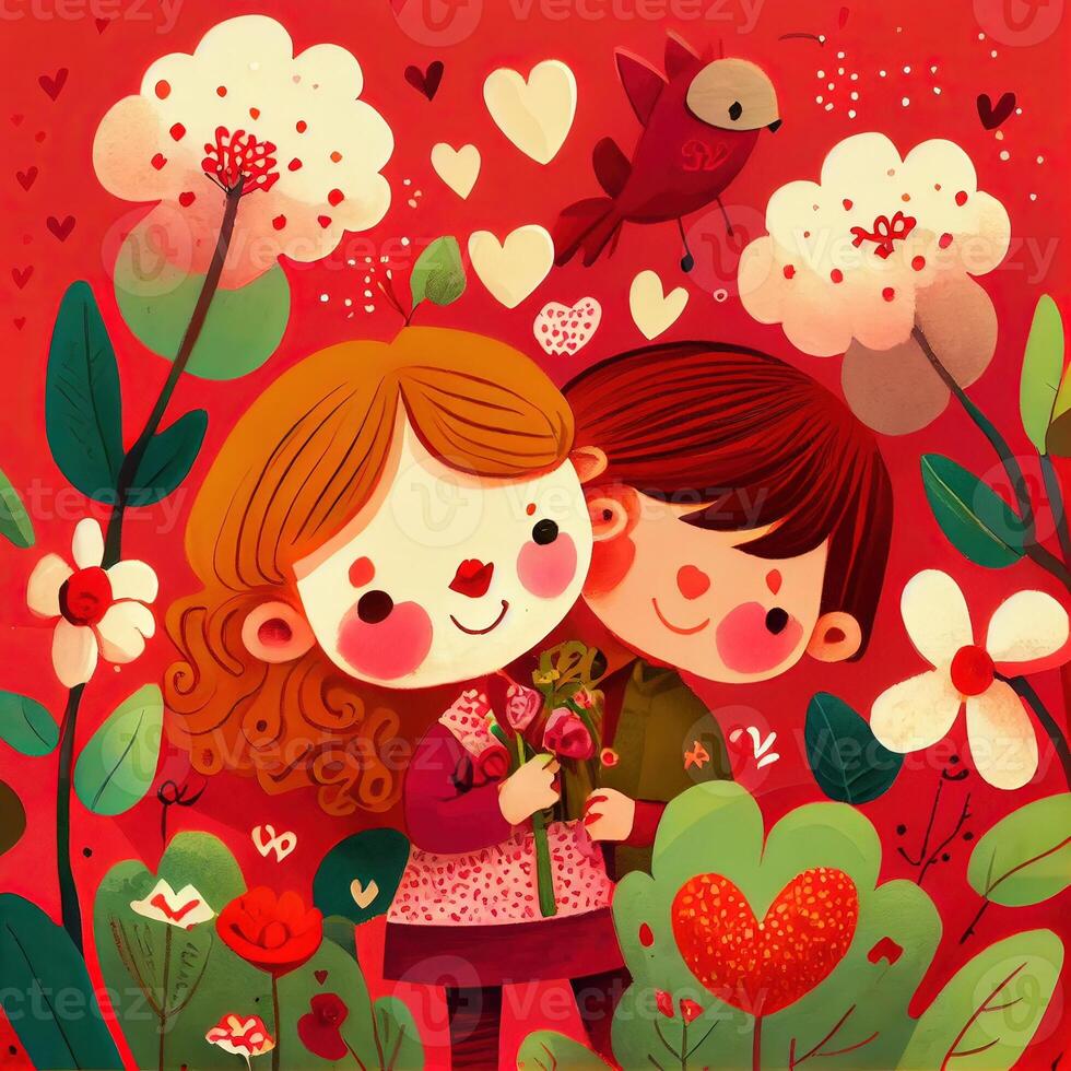 generativo ai illustrazione di un adorabile e accattivante cartone animato personaggio per San Valentino giorno, amore, cuori, fiori, romanza, felice, allegro, gioioso, divertimento, giocoso, spensierato, dolce foto
