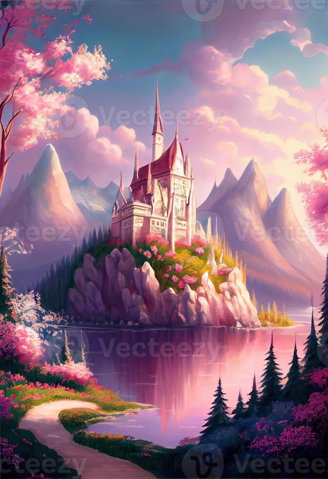 generativo ai illustrazione di magico terra di incantata foreste, castello, scintillante cascate e lussureggiante prati, lago e Fata coda foto