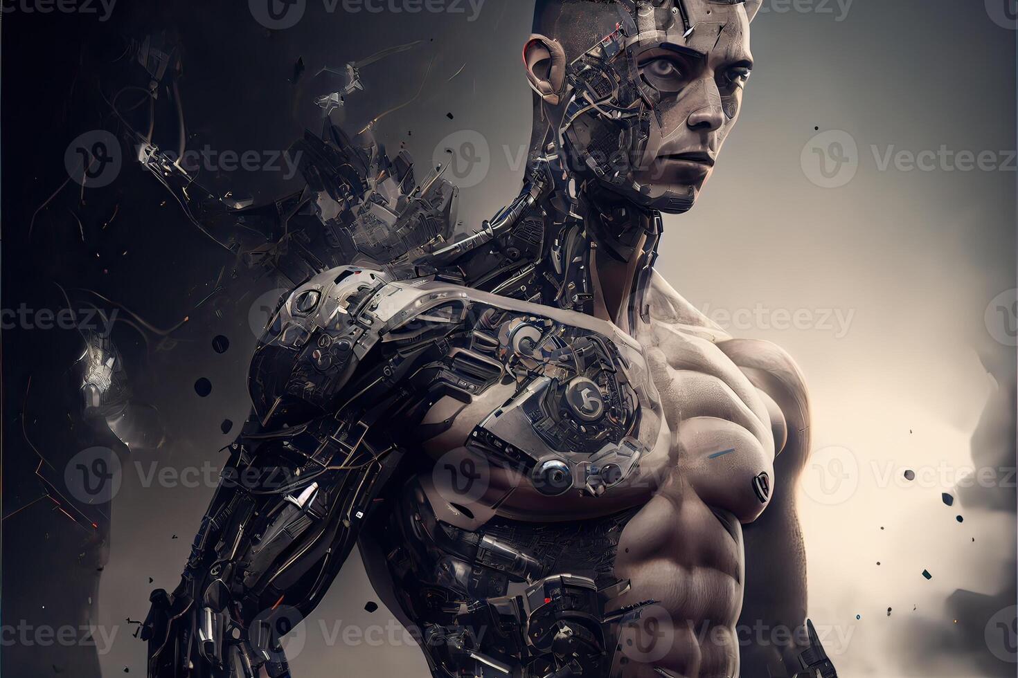 generativo ai illustrazione di robot svolta umano ancora avere pelle, in cyborg, cyberpunk sfondo foto