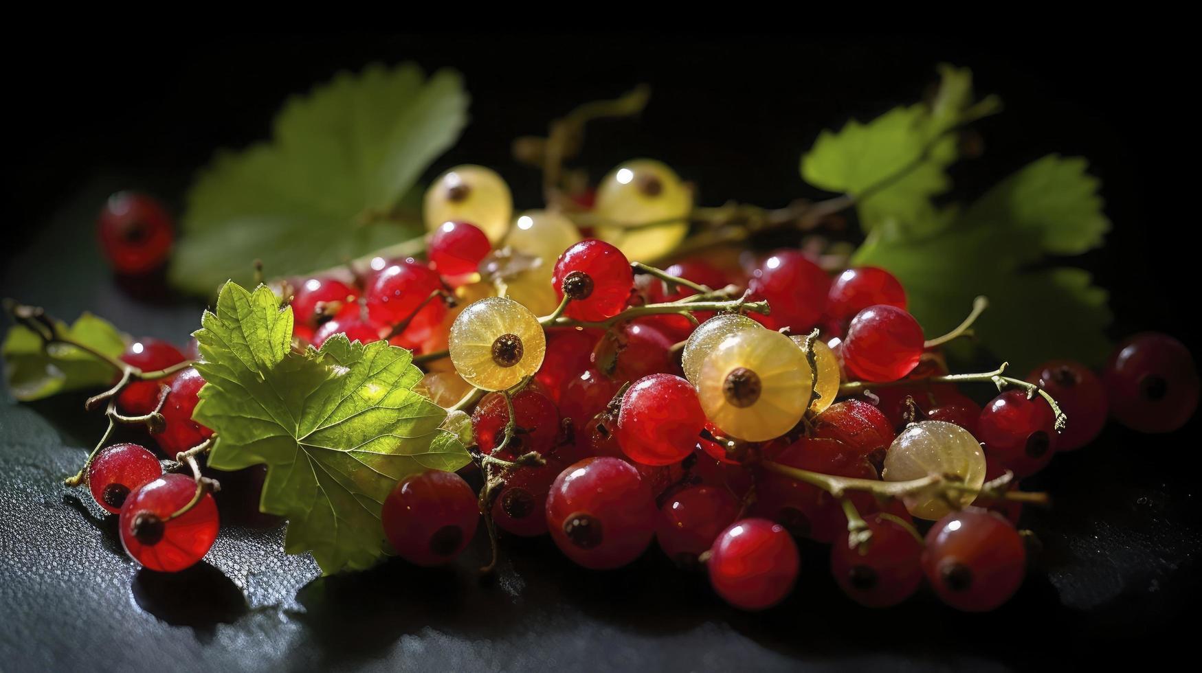 un Immagine di rosso ribes frutti di bosco e giallo foglie, nel il stile di leggero rosso e leggero Smeraldo, generat ai foto