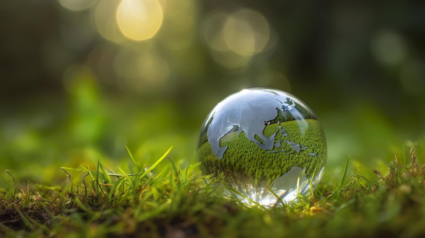 un' bicchiere globo concetto giorno terra Salva il mondo Salva ambiente il mondo è nel il erba di il verde bokeh sfondo, generat ai foto