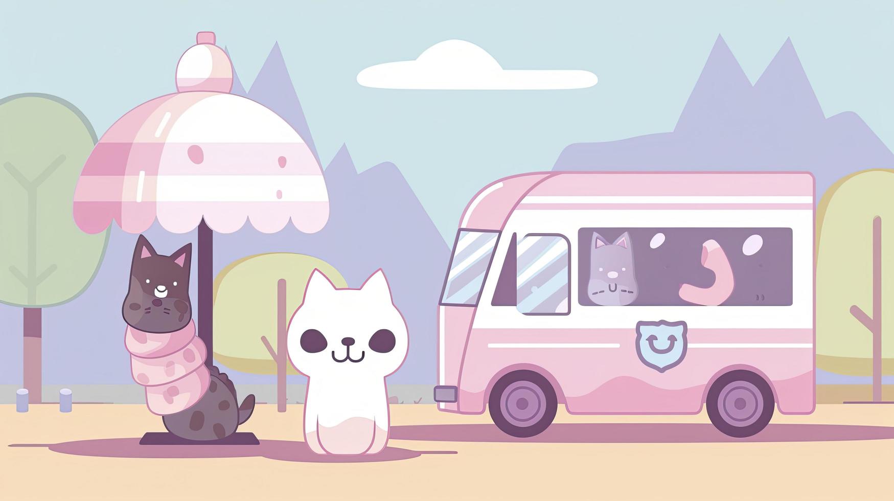 un' 2d animato kawaii scena, un' carino chibi gatto in piedi nel davanti di un ghiaccio crema camion, 2d cartone animato stile, generat ai foto