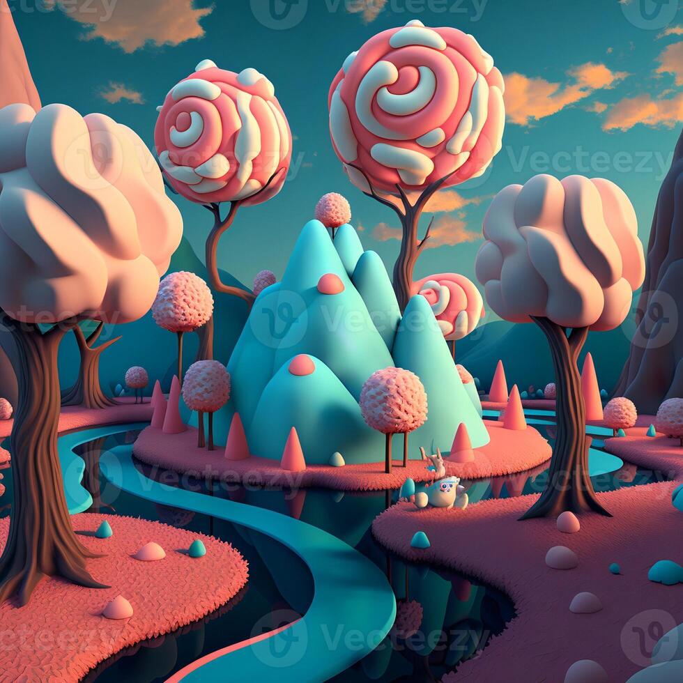 dolce terra 3d cartone animato sfondo. blu mastice montagne contro rosa marshmallow alberi.candyland. ai generato. foto