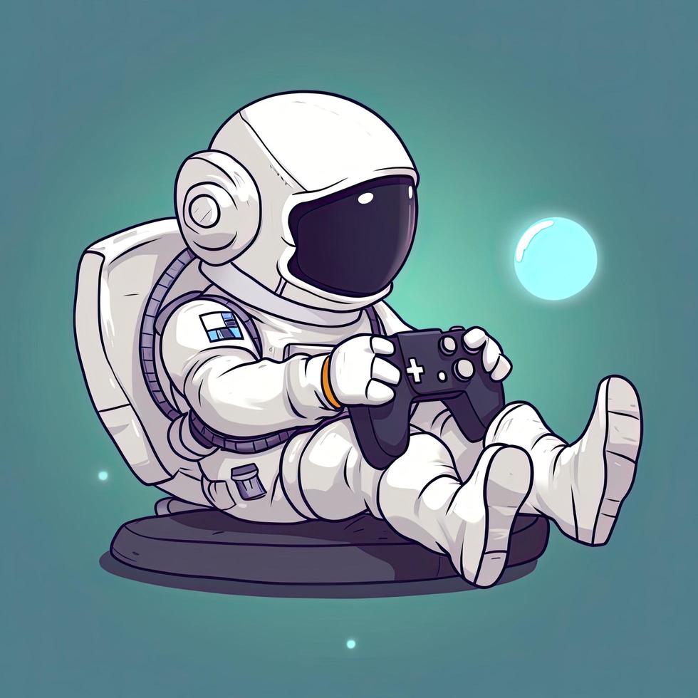 carino astronauta freddo rilassamento su gioco controllore cartone animato icona illustrazione. tecnologia scienza icona concetto isolato. piatto cartone animato stile, generat ai foto