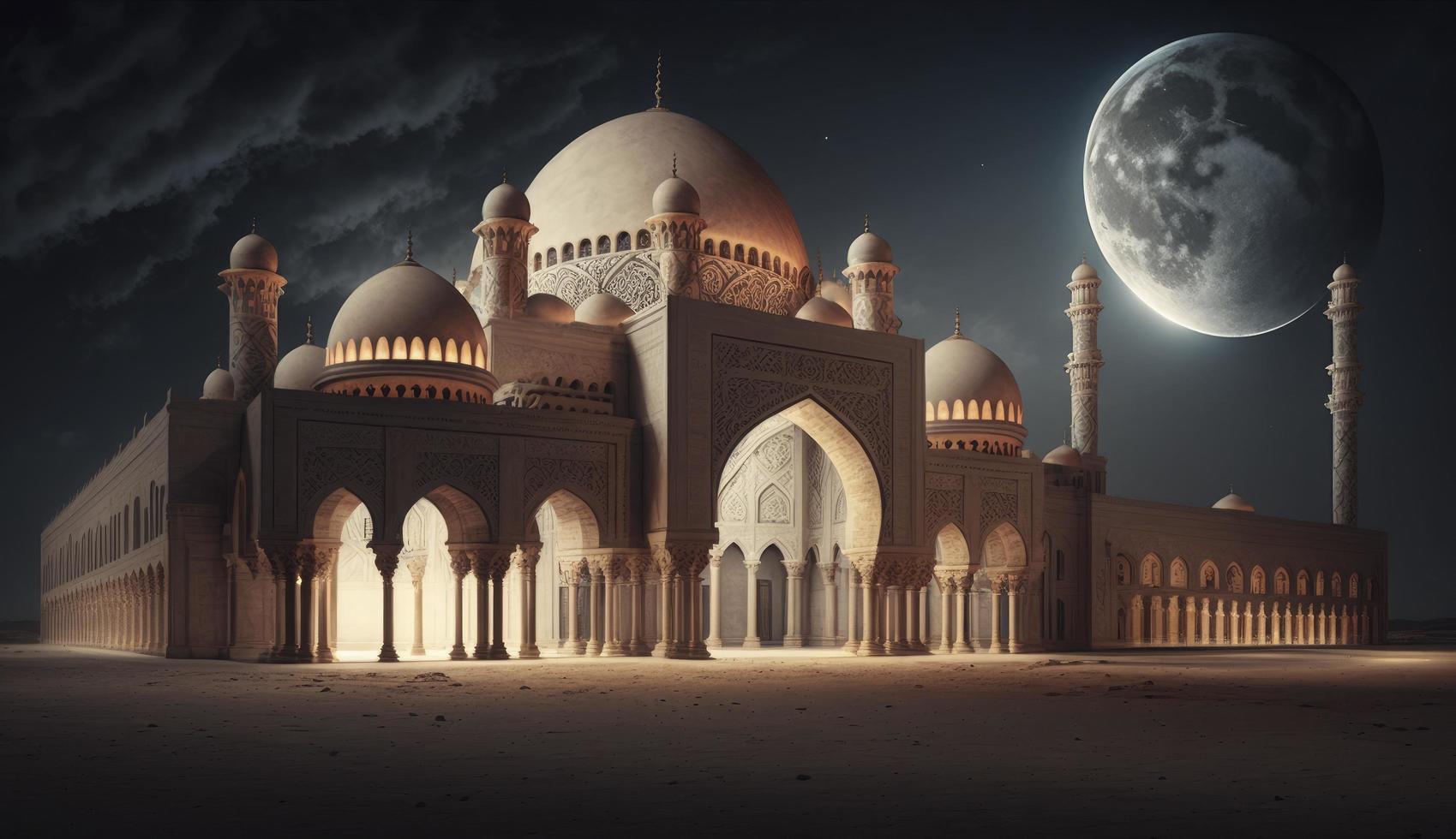 3d illustrazione di sorprendente architettura design di musulmano moschea Ramadan concetto, illustrazione di sorprendente architettura design di musulmano moschea Ramadan concetto, creare ai foto