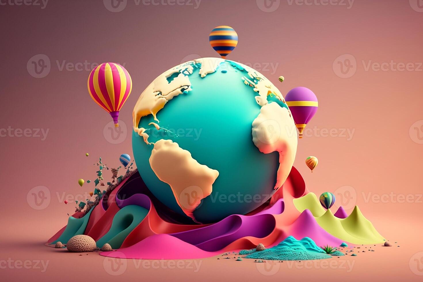 3d colorato globo carta geografica con caldo aria palloncini isolato su pulito sfondo. mondo terra giorno concetto. generativo ai foto