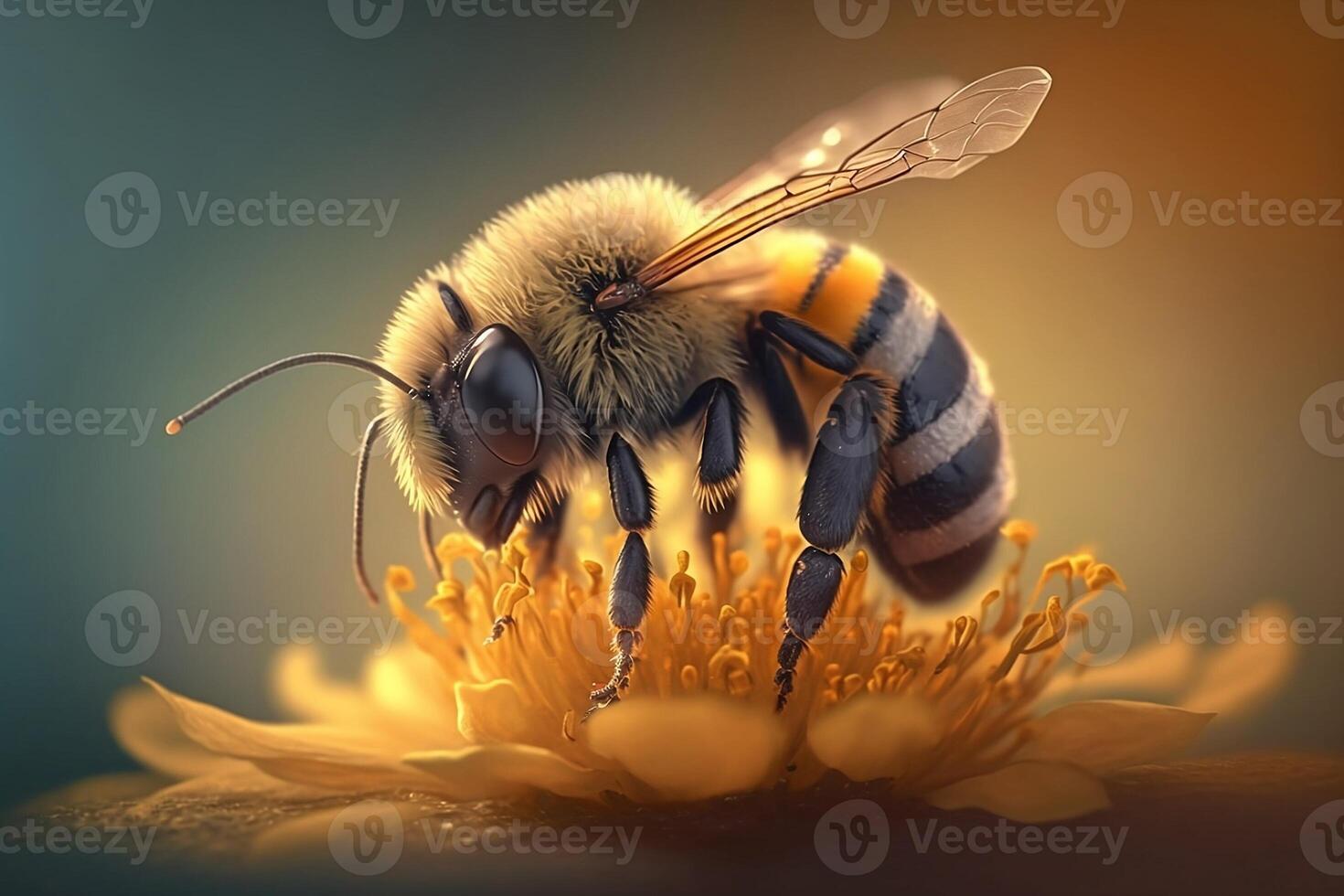 miele ape si siede su un' fiore e raccoglie nettare. generativo ai foto