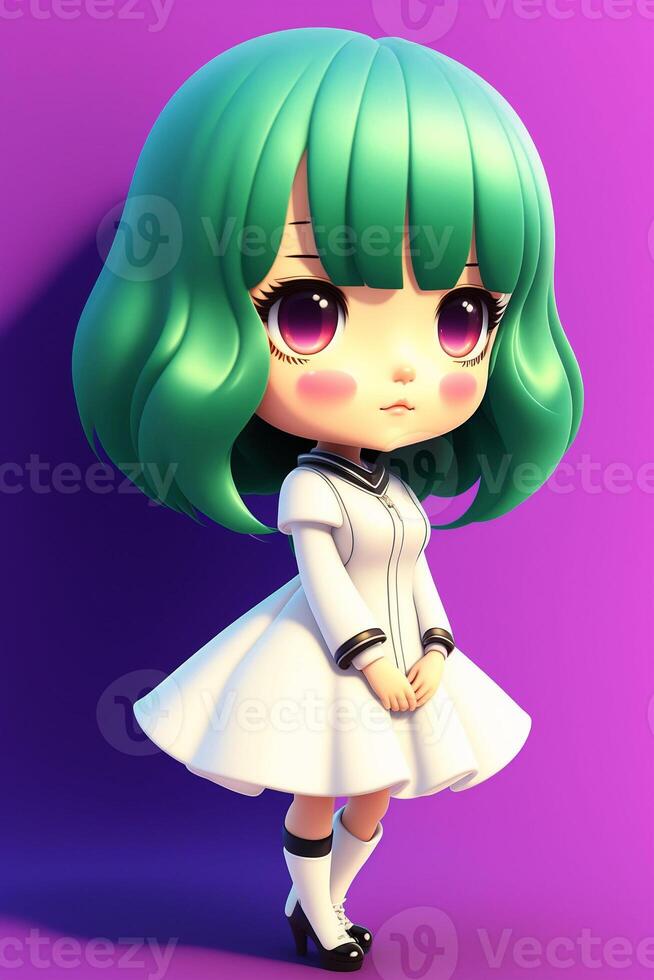 3d carino anime chibi stile ragazza nel un' bianca vestito con verde capelli isolato su viola sfondo. figli di giorno. avatar. generativo ai foto