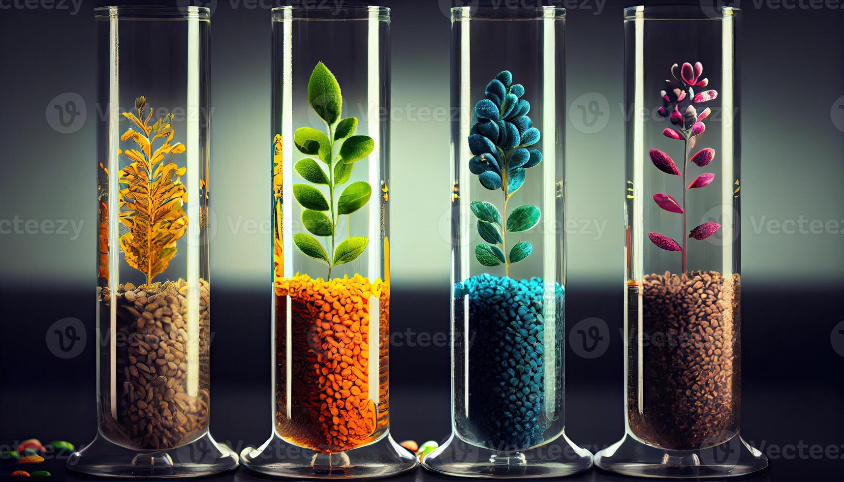 pianta semi nel test tubi per genetica ricerca. laboratorio analisi di agricolo merci generato ai foto