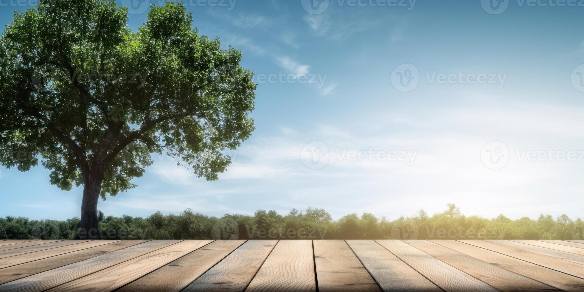 vuoto di legno tavolo con verde albero e blu cielo sfondo, scrivania di gratuito spazio per Prodotto Schermo. creato generativo ai foto