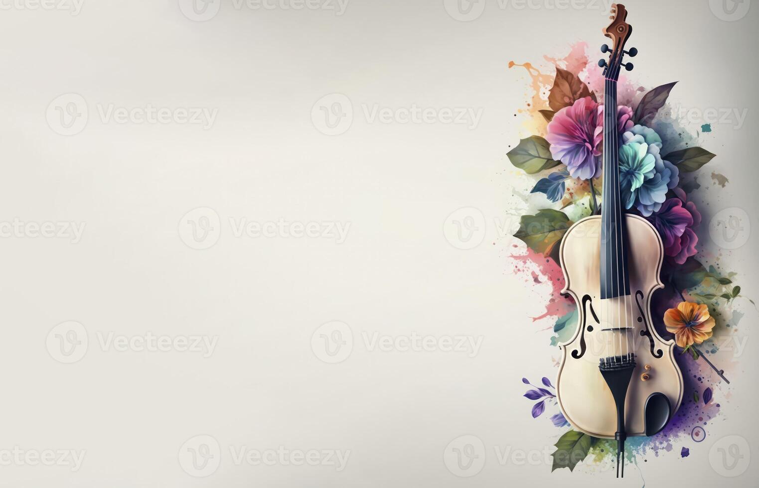 bellissimo violino con rustico colorato fiore nel pastello sfondo per musica Festival bandiera ai generato foto