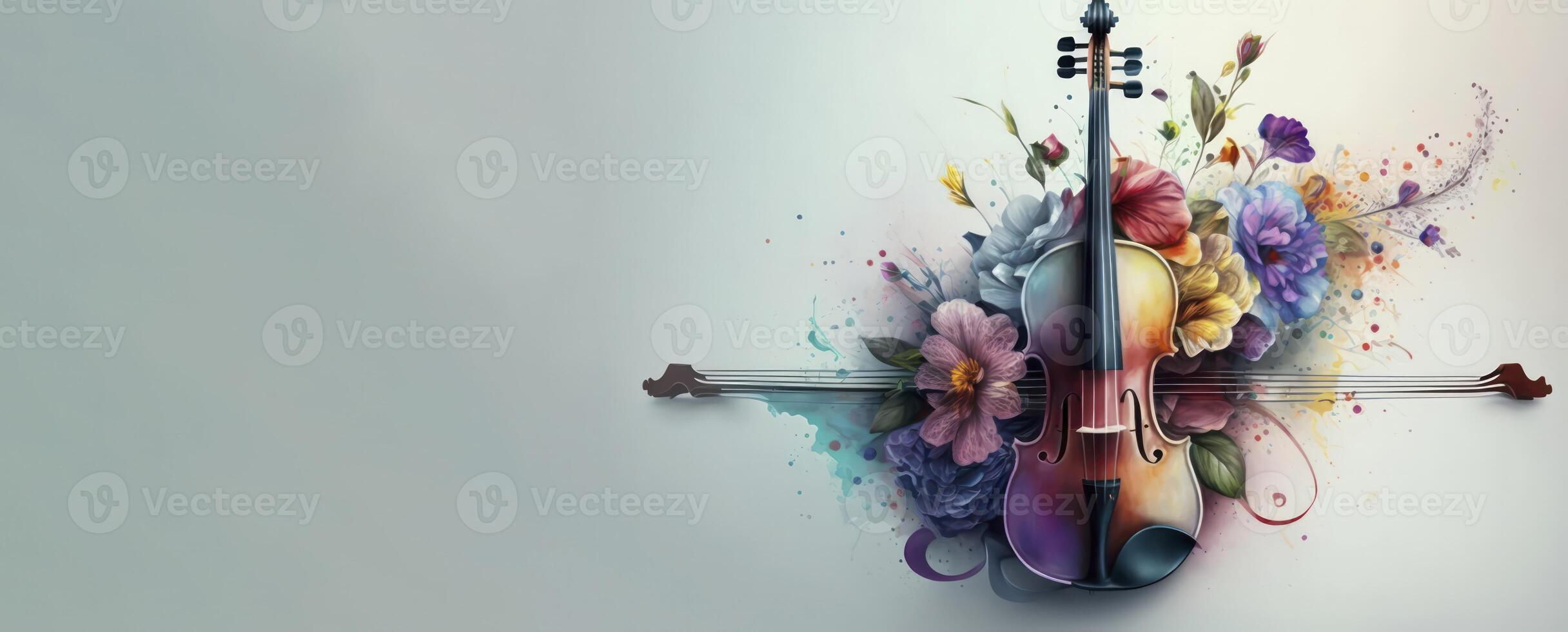 bellissimo violino con rustico colorato fiore nel pastello sfondo per musica Festival bandiera ai generato foto