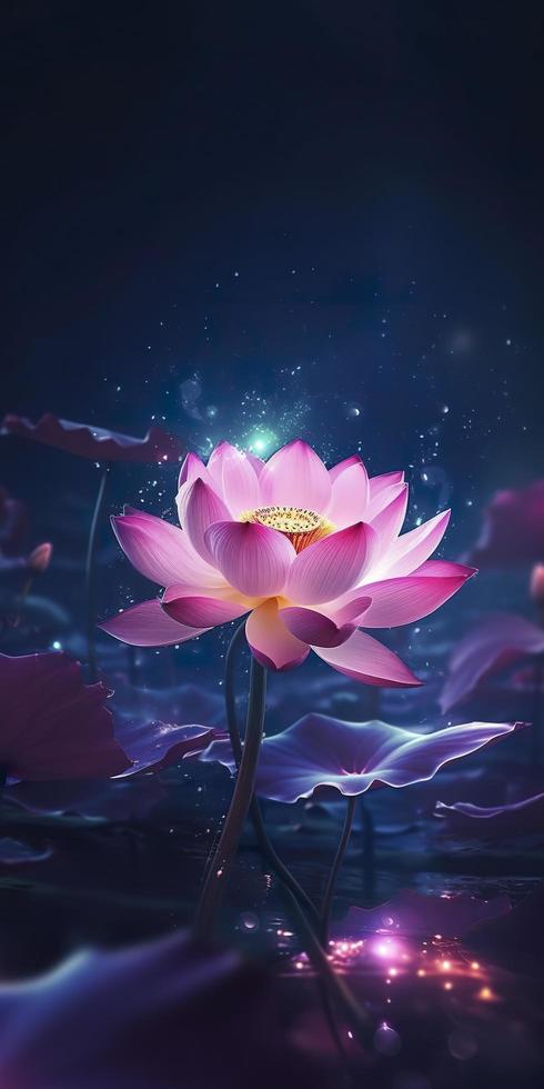 il sfondo luce stellare è splendente brillantemente, un' rosa loto è nel pieno fioritura, cristallo chiaro e esigente, il cuore di il fiore è piace un' lucciola splendente, generat ai foto