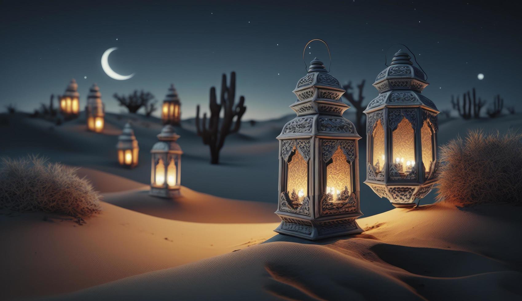 raggiante musulmano lanterne sta nel il deserto a notte cielo su pieno Luna. Ramadan celebrazione, creare ai foto