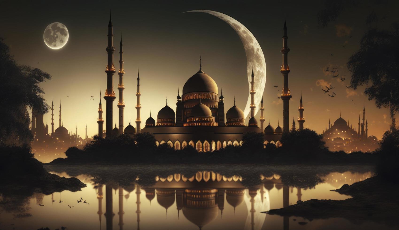 sorprendente architettura design di musulmano moschea Ramadan concetto, illustrazione di sorprendente architettura design di musulmano moschea Ramadan concetto, creare ai foto