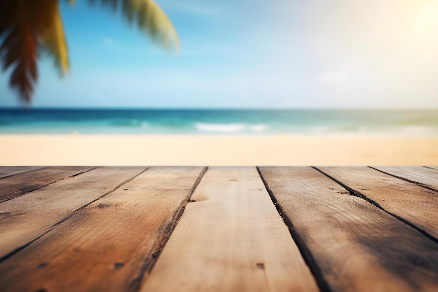 tavolo nel davanti di sfocato tropicale spiaggia di estate tempo sfondo. ai generato foto