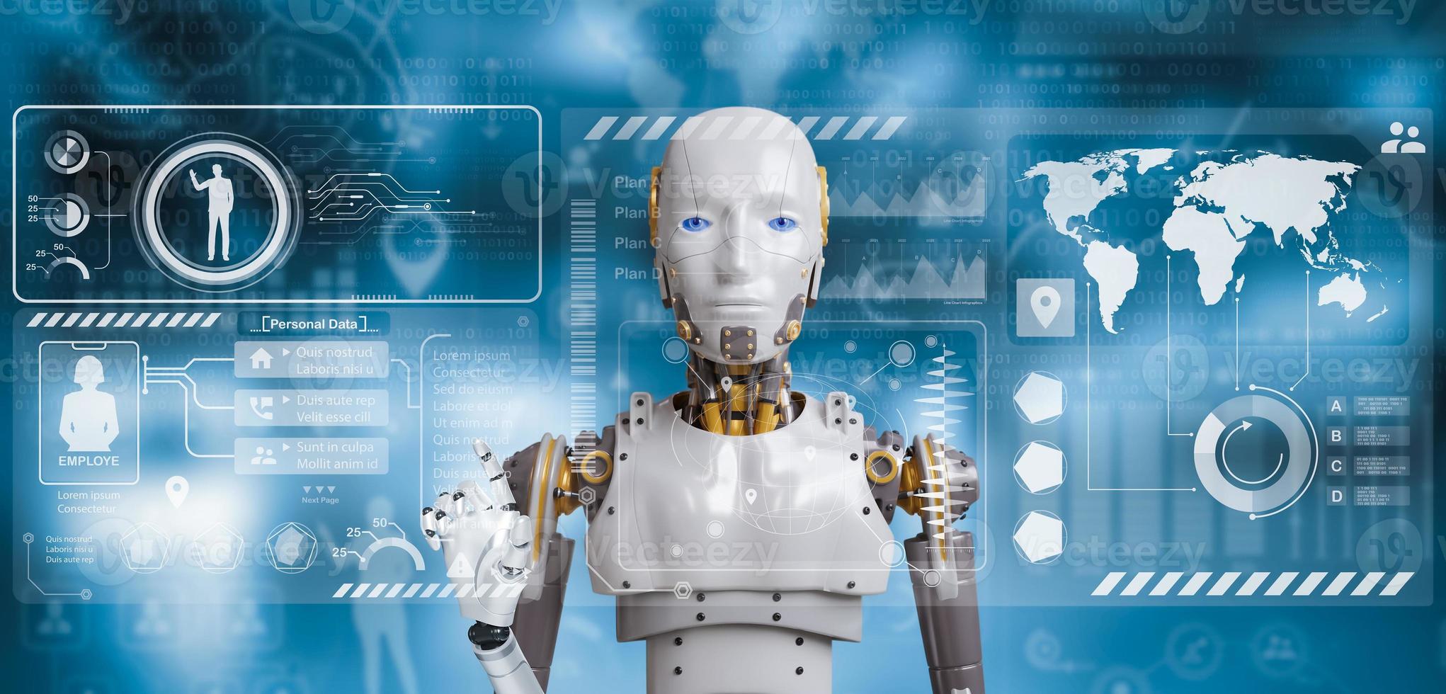 robot Lavorando con digitale Schermo, Internet connessione controllato di ai robot umanoide e macchina apprendimento processi per analizzare dati connettività e informatica sicurezza, illustrazione di robot 3d foto