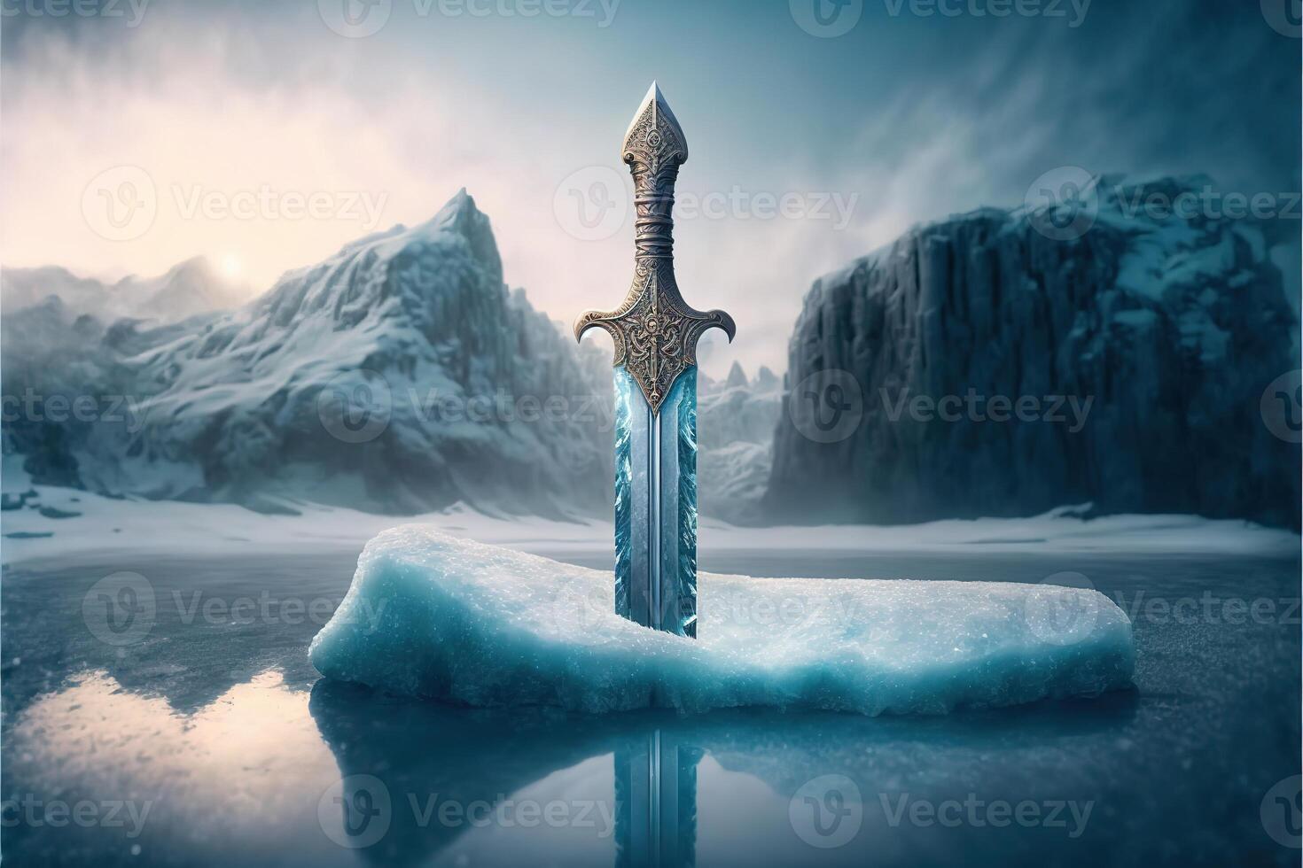 potente congelato spada incollato nel pietra a inverno paesaggio di ai generato foto