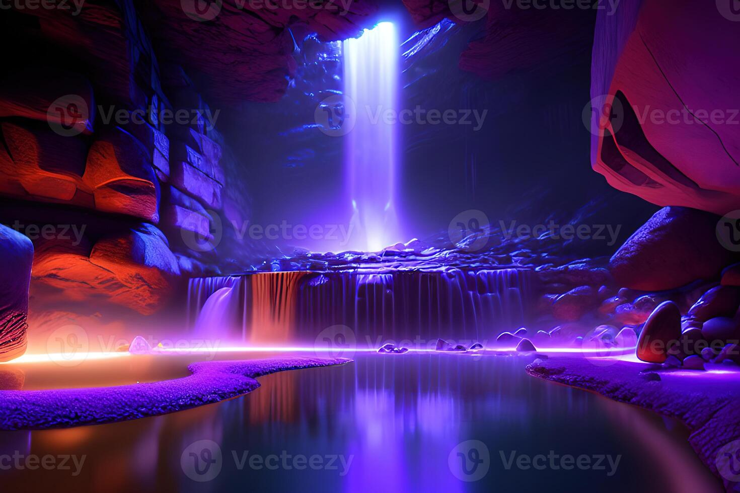 massiccio terme nel un' bagnato grotta cascata viola illuminazione di ai generato foto