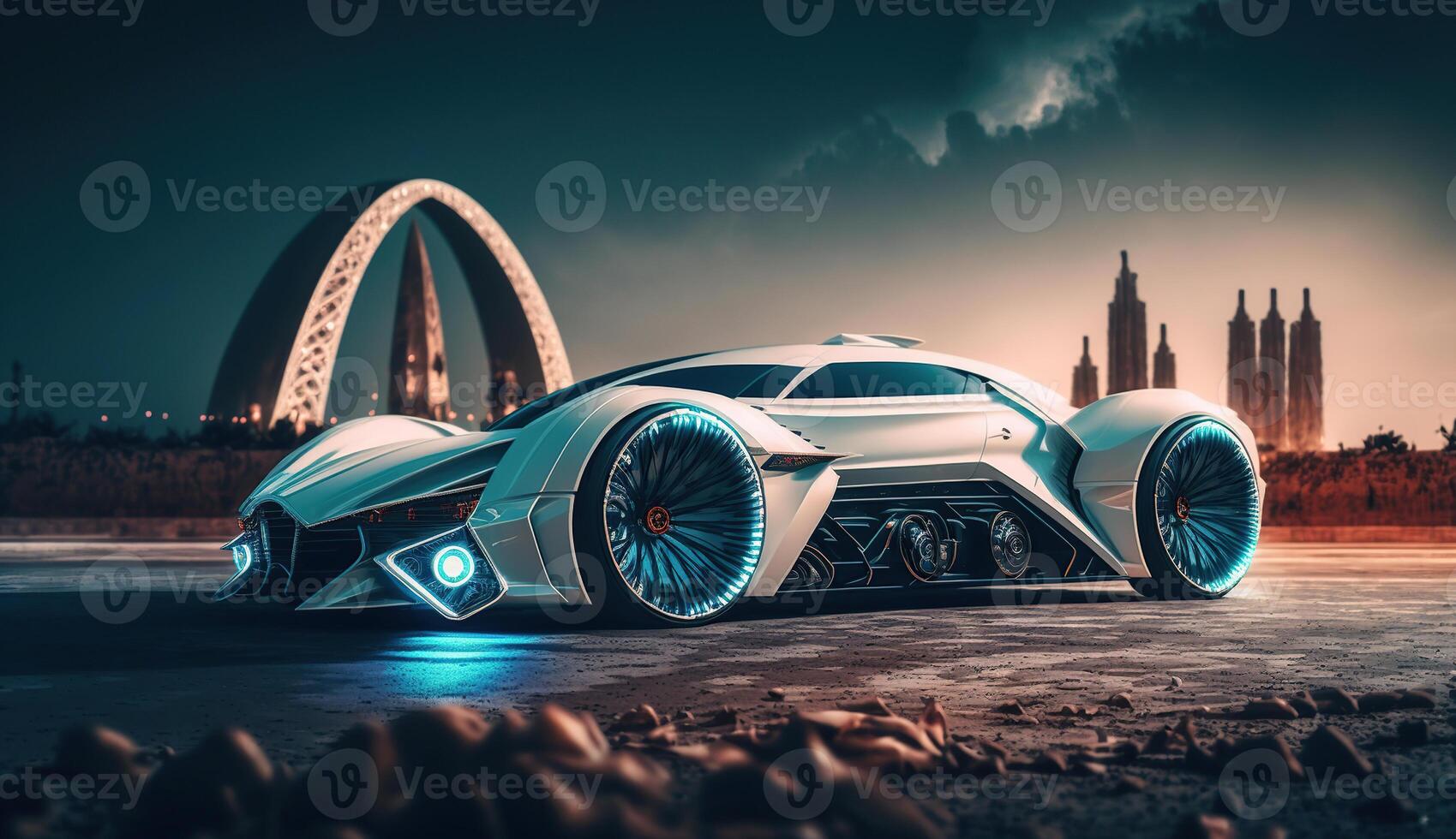 un' supercar, futuristico città nel il sfondo, generativo ai foto