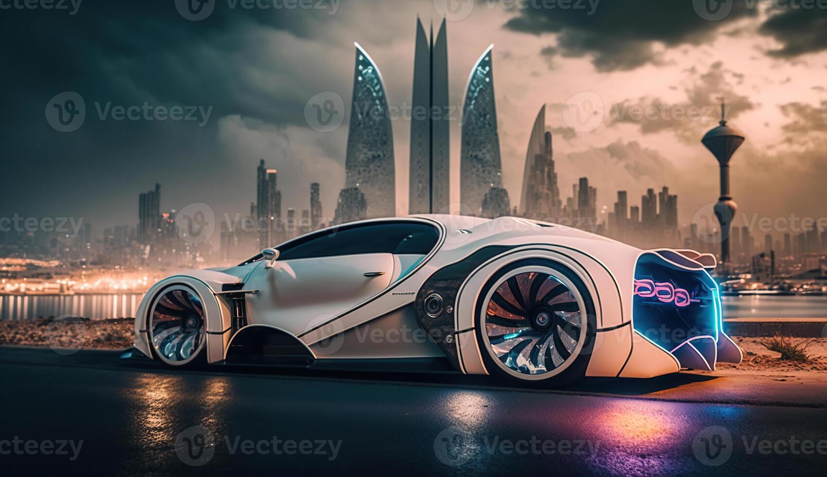 foto di un' supercar, futuristico città nel il sfondo, generativo ai