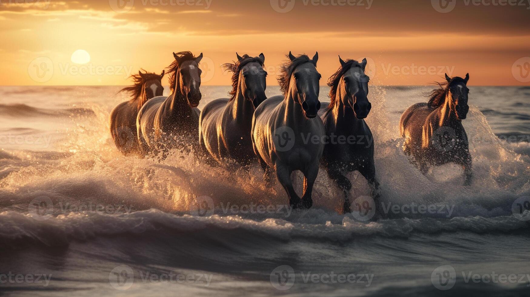 mandria di cavalli al galoppo nel il mare a tramonto nel estate ai generato opera d'arte foto