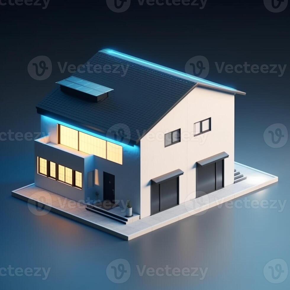 3d rendere di Casa nel isometrico proiezione su blu sfondo vero tenuta Casa concetto ai generato opera d'arte foto