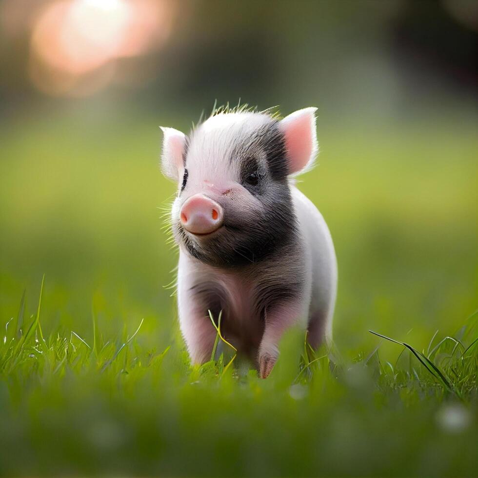 Questo è un' carino mini maiale il dimensione di un' pollice con un' sfocato. generativo ai foto