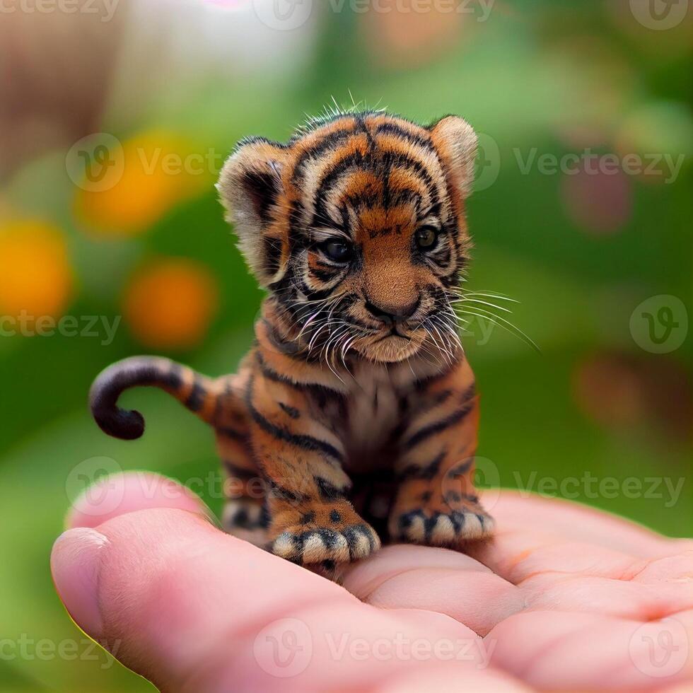 Questo è un' carino mini tigre il dimensione di un' pollice con un' sfocato. generativo ai foto