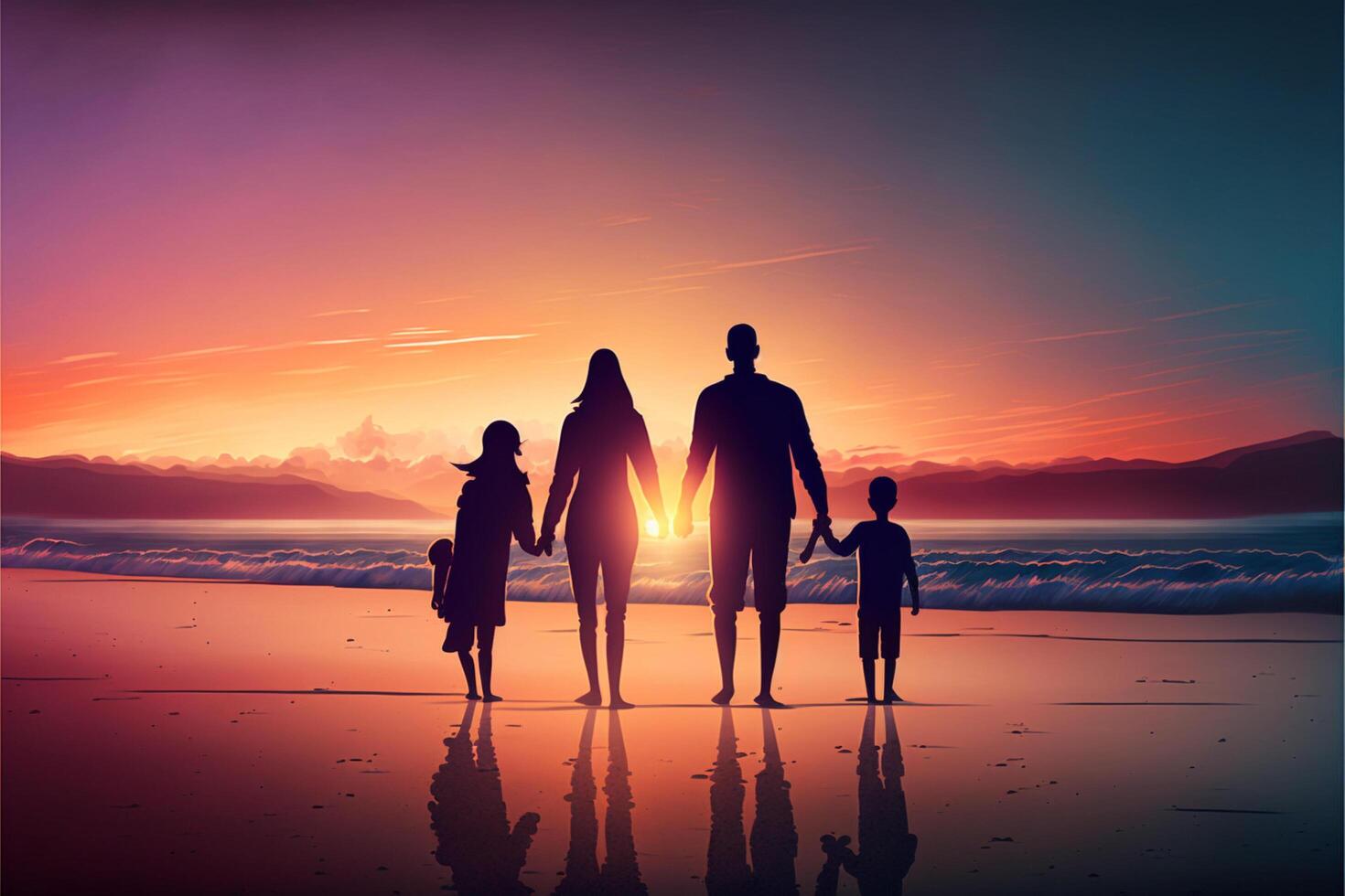 contento famiglia con Due bambini camminare a tramonto spiaggia largo . generativo ai foto