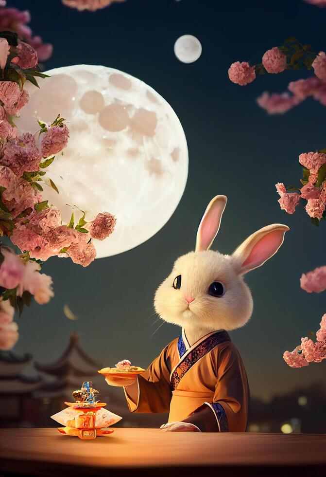 antropomorfo carino e carino coniglio Tenere un' Luna torta vestire. generativo ai foto