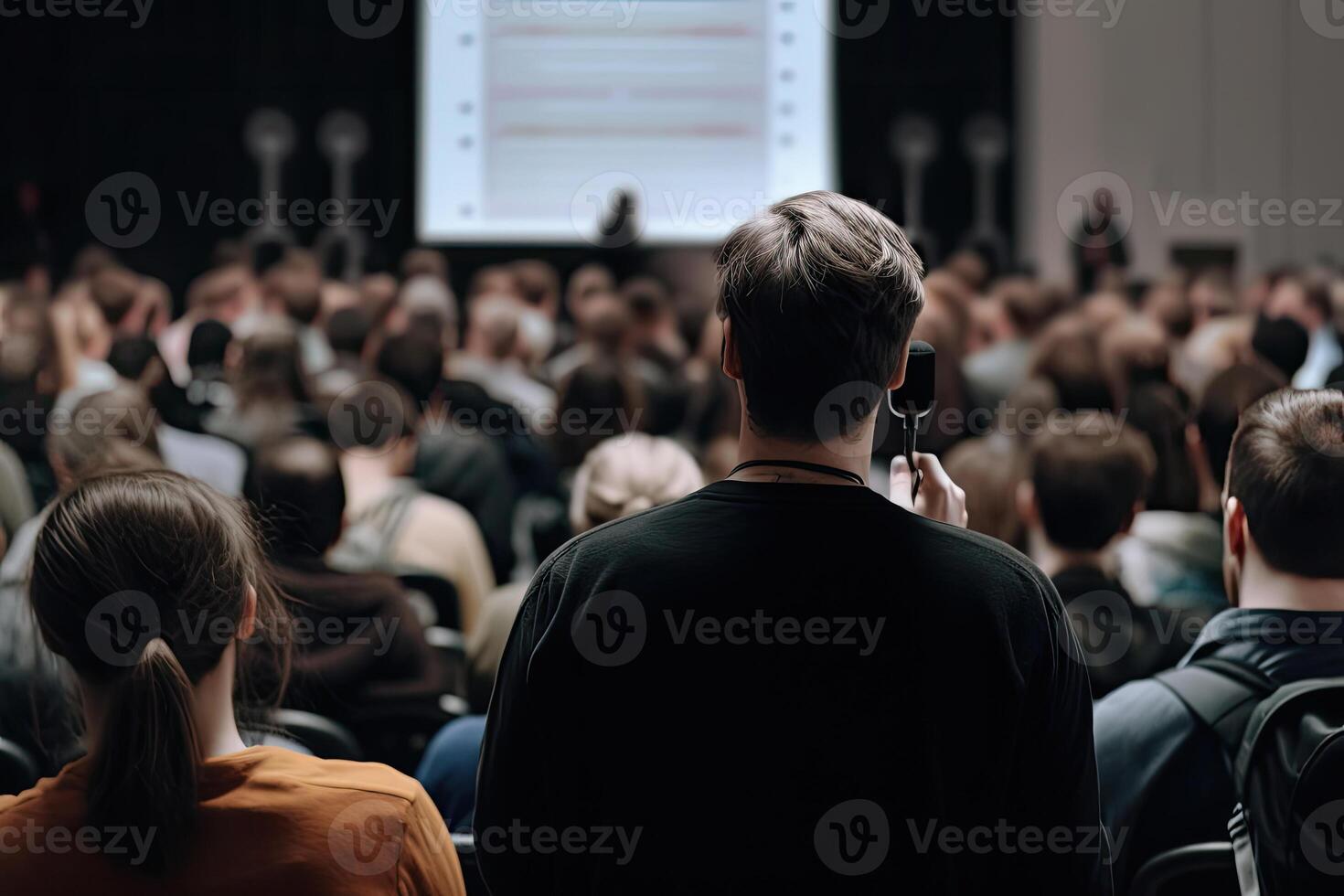 pubblico altoparlante dando parlare nel conferenza sala a attività commerciale evento. generativo ai foto