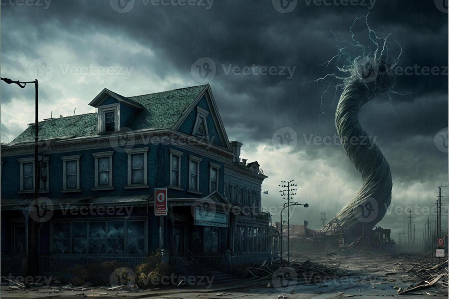 cinematico rappresentazione di città distrutto di tornado. generativo ai foto