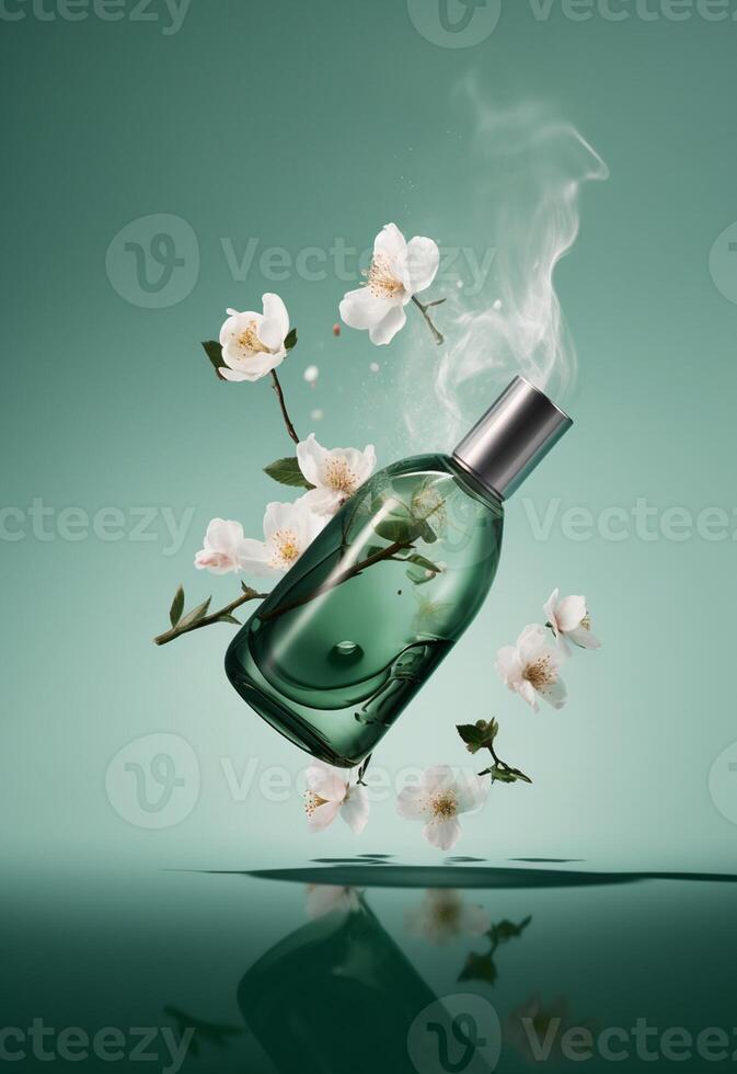 bottiglia di profumo con fioritura fiori su un' verde sfondo con riflessione ai generato foto